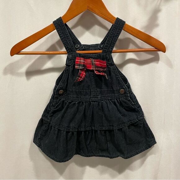 Vintage girls Osh Kosh B’gosh corduroy black overall dress plaid bow 12M - Picture 6 of 7
